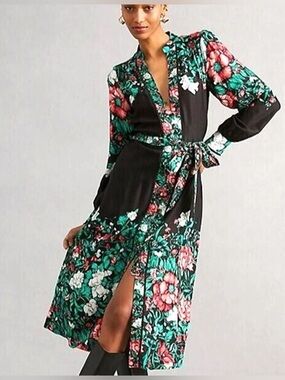 Anthropologie Floral Wrap Midi Dress - Black with Green & Pink Floral